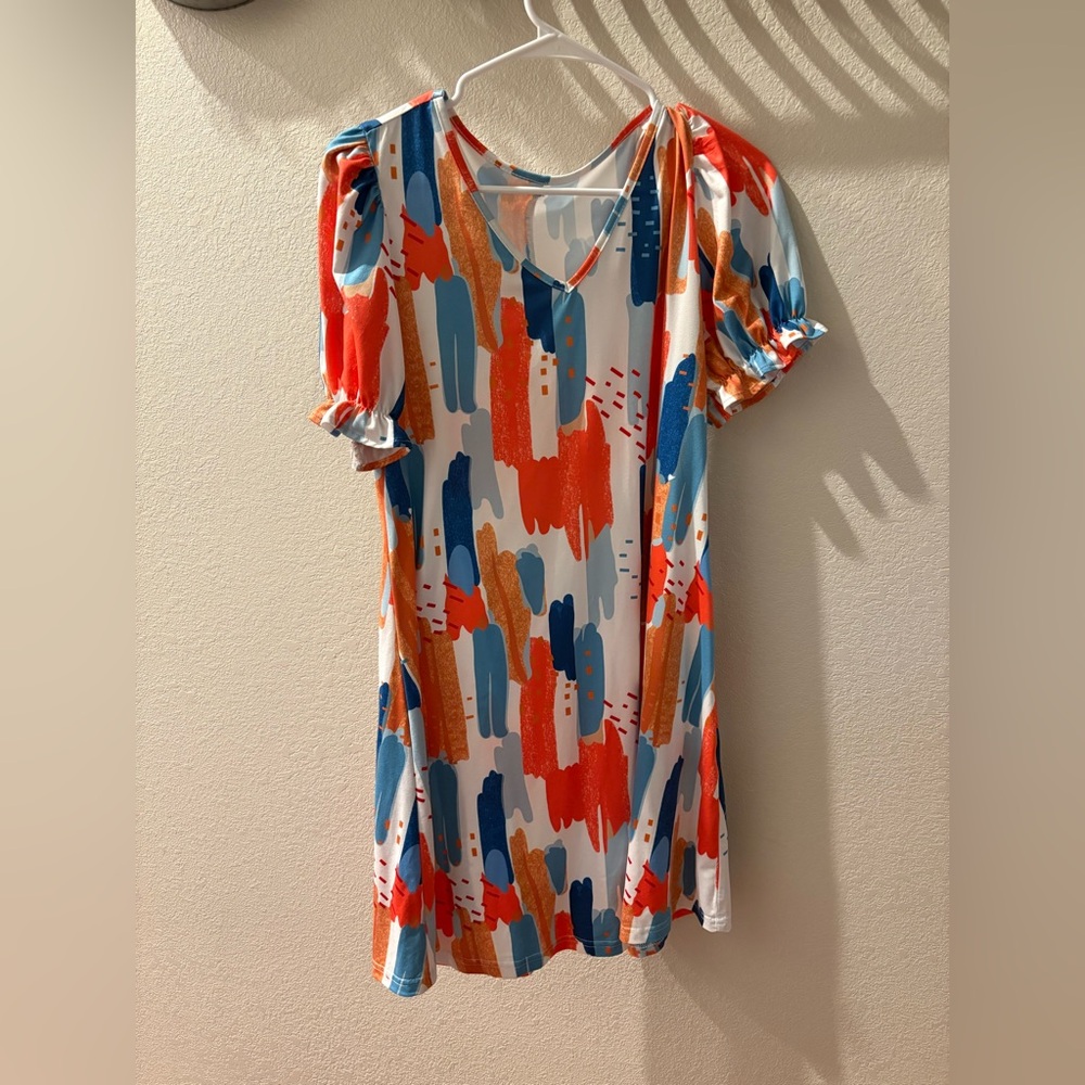 Orange and Blue Puff Sleeve Mini Sundress